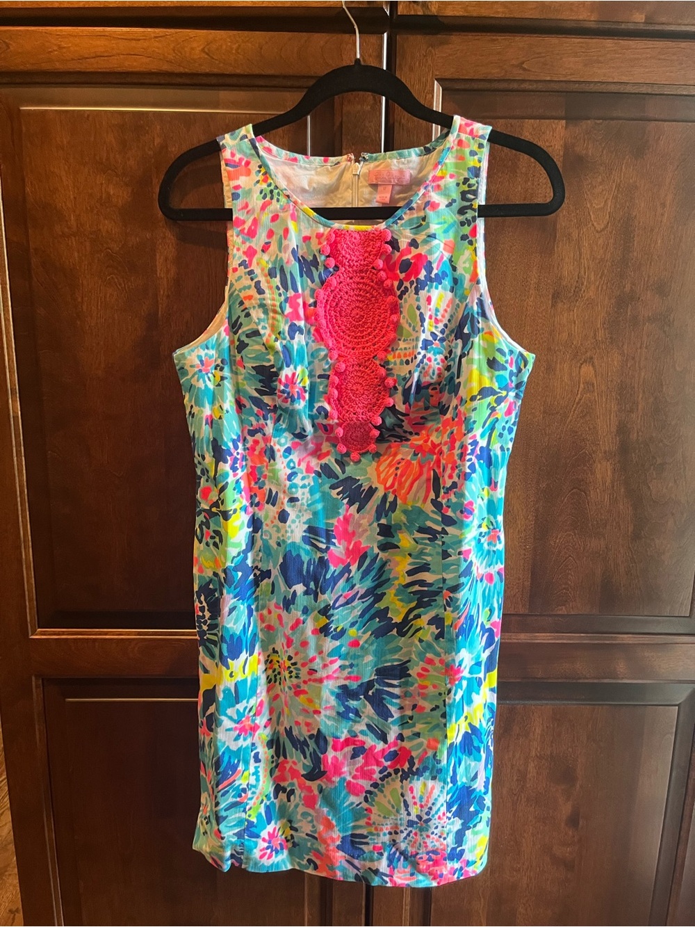 Lilly Pulitzer Aqua Multicolor Floral Mini with Hot Pink Crochet Detail. Size 12